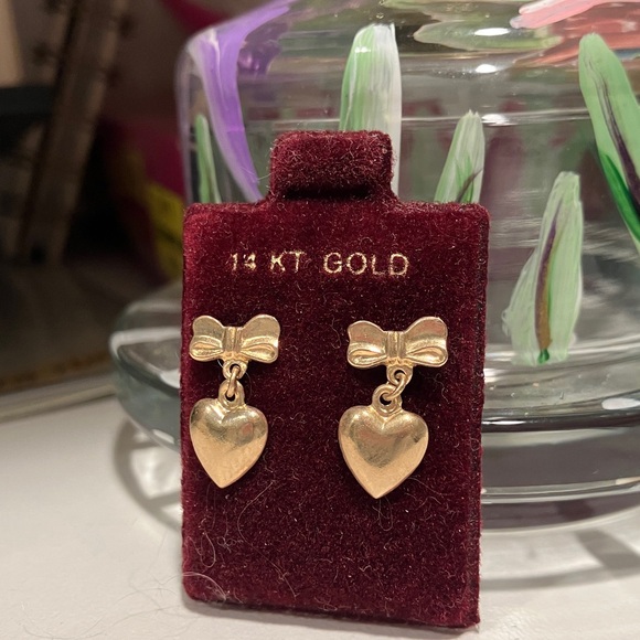 Gold Heart Bow Earrings - Picture 2 of 2